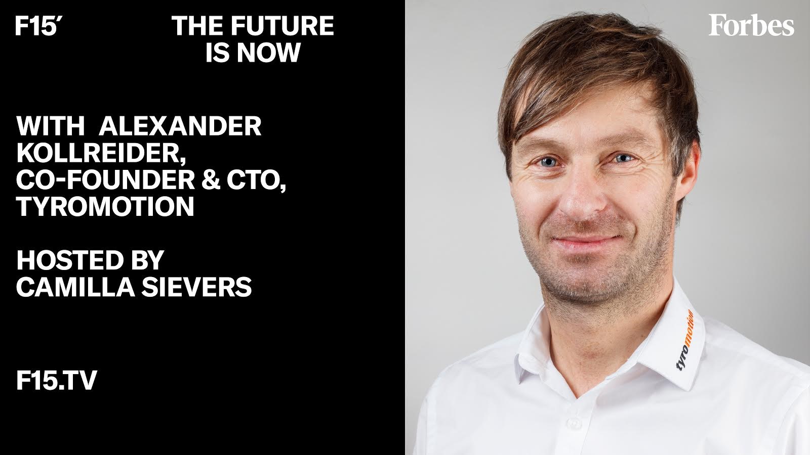 Geschäftsführer CTO von Tyromotion Alexander Kollreider @ Forbes mit weißem Hemd und Logobestickung