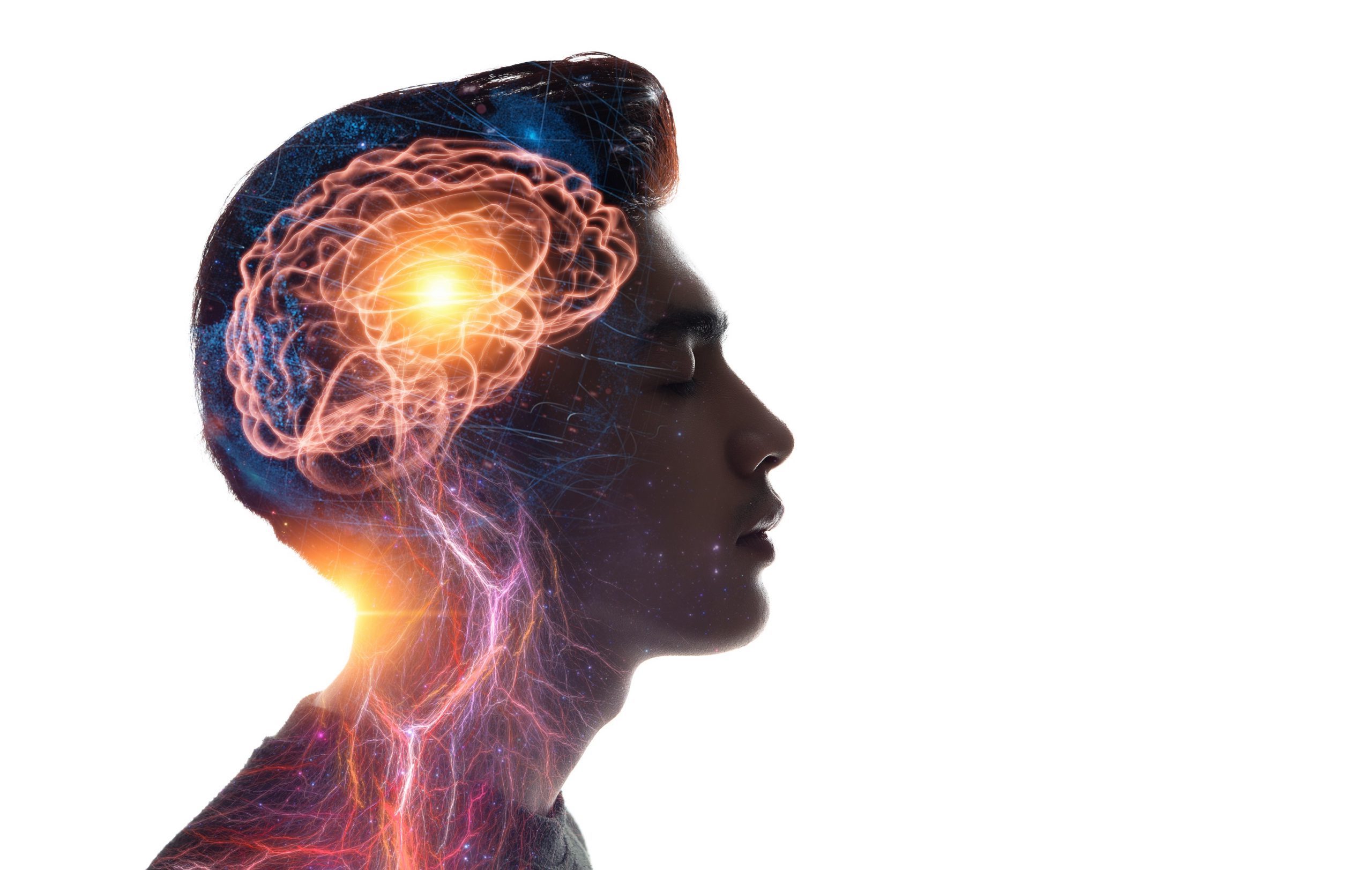 Patient - Männlicher Kopf der eine Darstellung des Gehirns inkl. Nervenbahnen zeigt