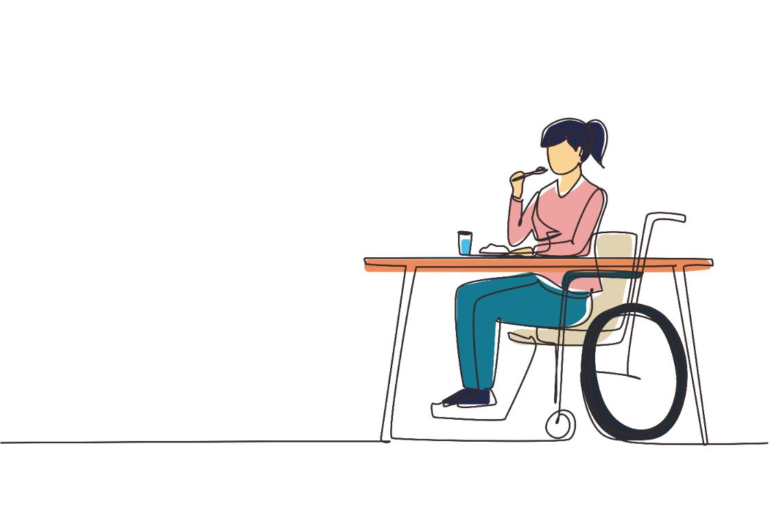 Zeichnung einer Frau im Rollstuhl beim Essen