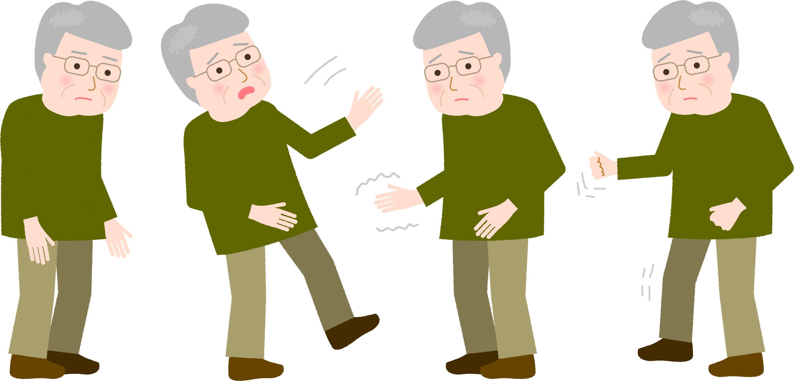 Illustration of four men with symptoms of Parkinson's